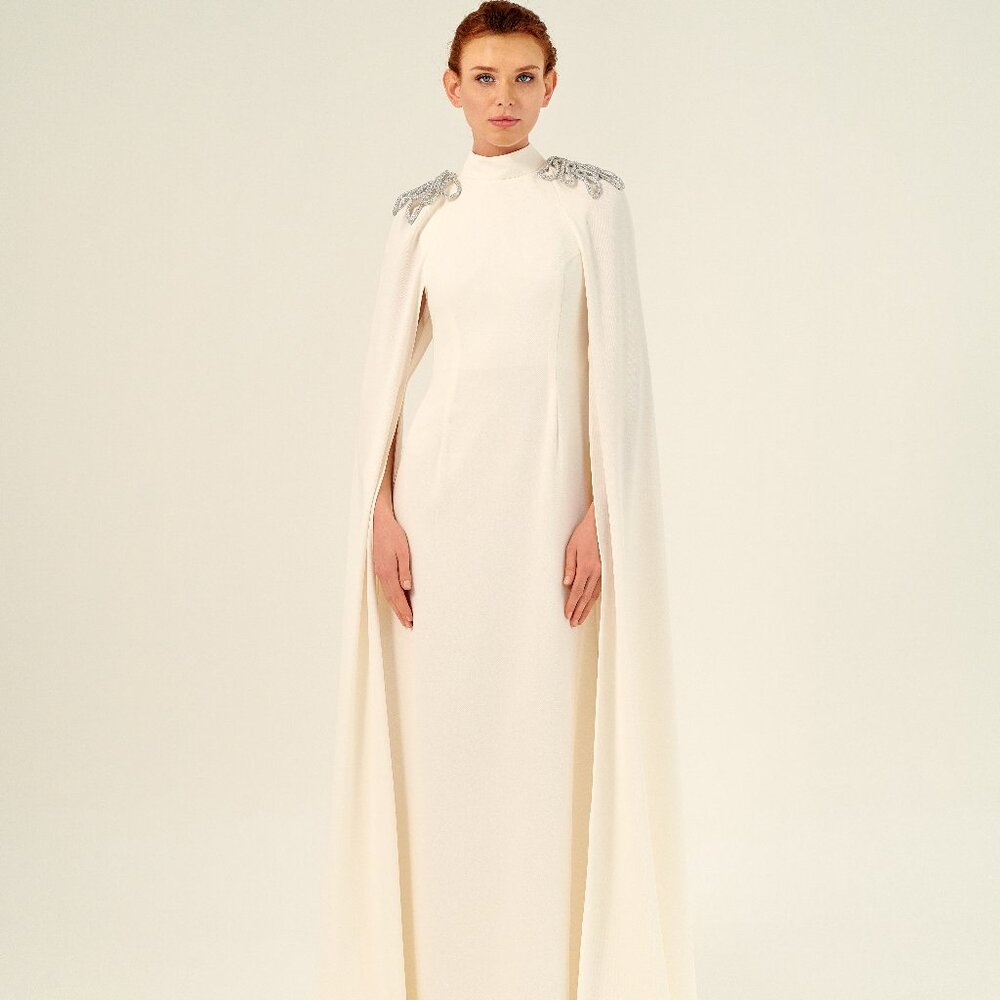 John Paul Ataker 3842-2958-0001 Size 10/44 White Cape Dress